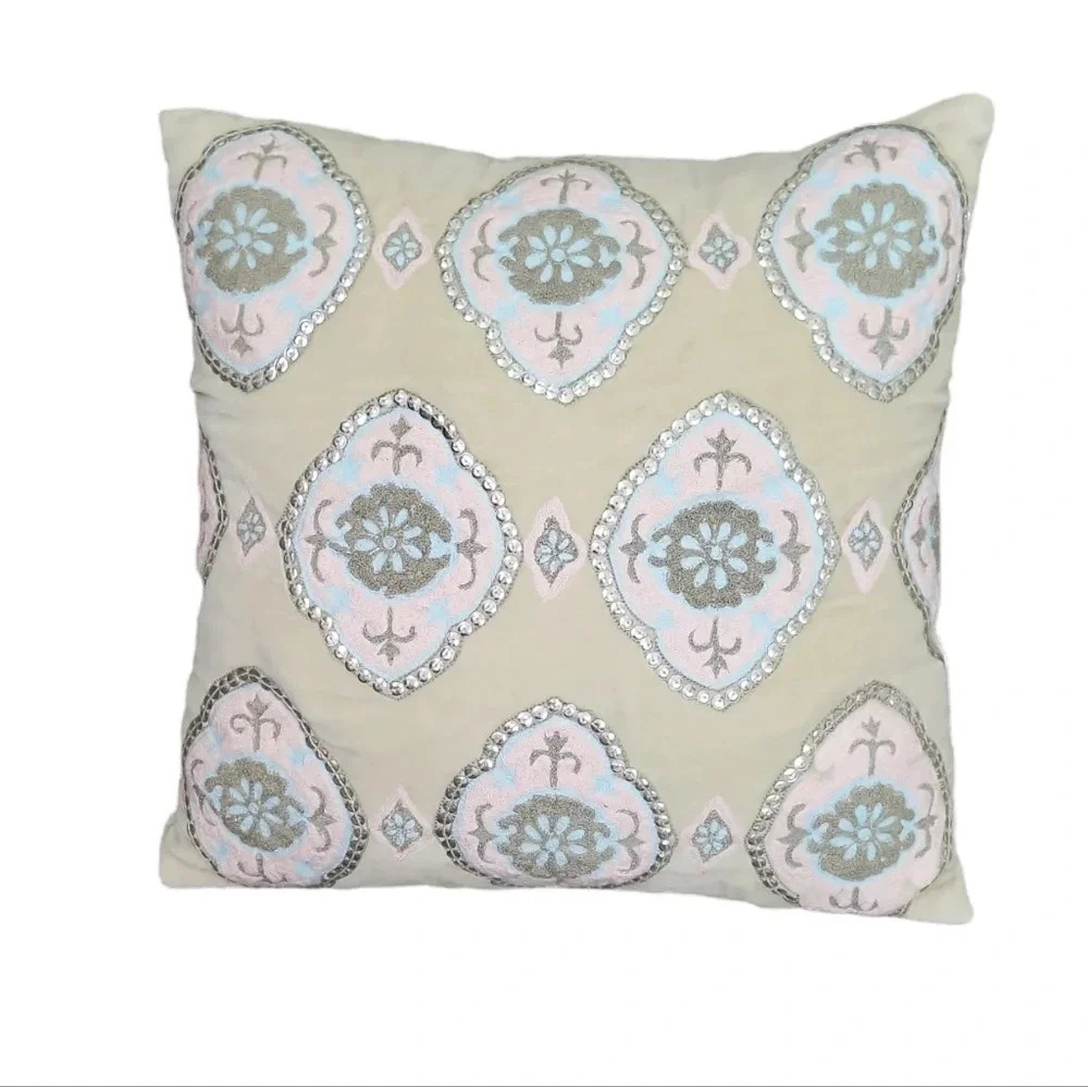 Jamie Young Tan Embroidered Sequin Diamond Velvet Accent Pillow